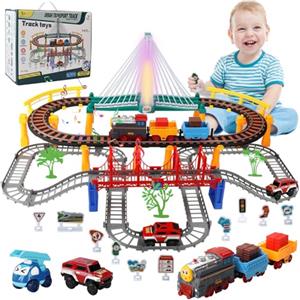 KIMIGO Piste Macchinine per Bambini,Trenino Elettrico per Bambini,Trenino Elettrico con Pista da Corsa per,141 Pezzi Treno Set Giocattoli,Costruzione di Circuiti da Corsa con Auto e Treno