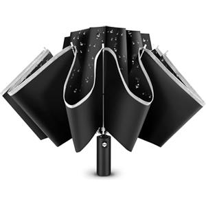 GlasFlength Ombrello Pieghevole Grande, Ombrelli Inverso da 105 cm con Strisce Riflettenti 10 Stecche Ombrello Pieghevole Antivento Compatto Ombrelli Pioggia Automatico Umbrella per Uomo e Donna, Nero