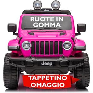 Mondial Toys Jeep Wrangler Rubicon 12V Macchina Elettrica per Bambini 2 Posti con Telecomando Ruote in Gomma EVA Sedile in Pelle Porte Apribili Luci LED Suoni Bluetooth USB Auto Cavalcabile Full Optional Rosa