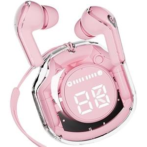 SMART-J Clear Beat Cuffie Auricolari Wireless Bluetooth 5.3, Design Trasparente, Suono Cristallino, Impermeabili IPX4, Custodia con Ricarica Smartphone, Microfono Integrato, Autonomia 2-3 Ore, USB-C (Rosa)