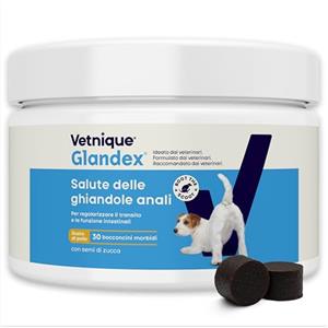 Vetnique Glandex per cani - 30 morbidi bocconcini per la salute delle ghiandole anale - Formulato dai vet, supporta probiotico e prebiotici digestivo - Omega-3, pectina di mele, semi di zucca e fibre