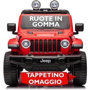 Mondial Toys Jeep Wrangler Rubicon 12V Macchina Elettrica per Bambini 2 Posti con Telecomando Ruote in Gomma EVA Sedile in Pelle Porte Apribili Luci LED Suoni Bluetooth USB Auto Cavalcabile Full Optional Rosso