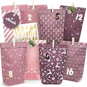 AMARI ® Calendario dell'Avvento da riempire, n. 14 Midnight Rose - 24 sacchetti di carta dell'Avvento (con clip in legno) per fai da te per Natale - sacchetti di carta di Natale