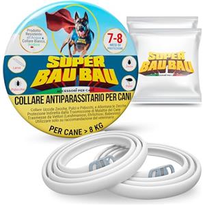 Super Bau Bau 2 Collare Antiparassitario per Cani di Alta Qualità - Antipulci per Cani, Antiparassitario Cani, Antizecche e Anti Zanzare, Impermeabile, Efficace 14 Mesi, 65cm per Cani oltre 8kg