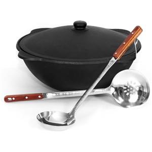 Generisch Kazan, ghisa Ø 46,6 cm, 16 l, con coperchio in alluminio, cucchiaio da 48 cm, mestolo da 48 cm, pentola Uzbekistan, alta qualità, Kazan, 16 l, in ghisa con coperchio in alluminio, diametro 44