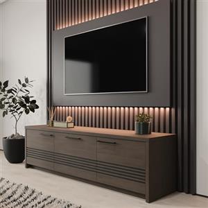 Forte EUFEMIUS Mobile TV 180 moderno basso con fresatura decorativa, 2 ante, 1 cassetto, legno di quercia masuriana, decorazione in legno, larghezza 181,2 cm x altezza 51,1 cm x profondità 41,6 cm