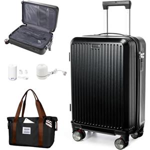 kibachev Valigia Sottovuoto da 20 Pollici con Borsa da Viaggio e Pompa Elettrica, trolley bagaglio a mano con 4 ruote piroettanti, Nero