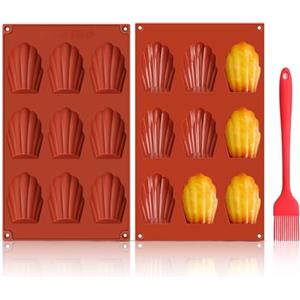 GlasFlength Moule Madeleine Silicone, Lot de 2 Moul e a Madeleine 9 Cavités Moule Antiadhésif en Forme de Coquille avec Brosse en Silicone pour Biscuits Chocolat Bonbons Pudding Gâteau (Rouge Brique)
