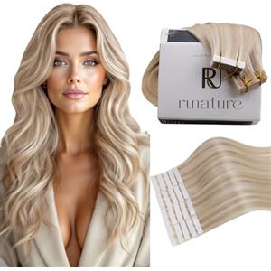 RUNATURE Extension Capelli Veri Biadesivo Biondo Cenere Scuro Misto Biondo Platino 20 Pezzi 50g 35cm #18P60