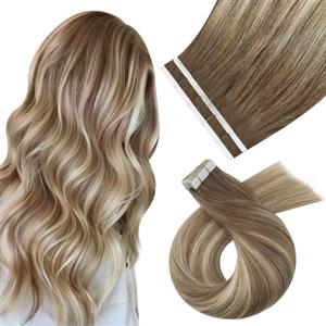Moresoo 35 cm Extension capelli Veri Biadesivo Invisibili Remy Extension Biadesive Balayage Marrone Chiaro a Biondo Medio con Marrone Chiaro #8/22/8 10pcs 25g