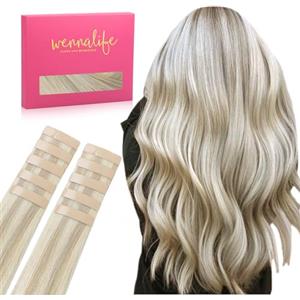 WENNALIFE Extension Capelli Veri Biadesivo, 10pz 30cm 20g Biondo Cenere con Riflessi Biondo Platino Extension Biadesive Capelli Veri Lisci Remy Tape in Hair Extensions Capelli Setosi