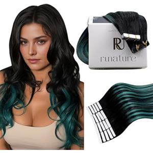 RUNATURE Extension Biadesive Capelli Veri Nero Ombre Verde 30cm 20pcs Corto Extension Capelli Biadesivo Lisci #1B/Teal 30g