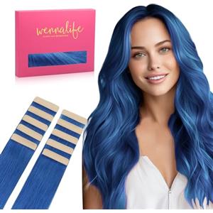 WENNALIFE Extension Capelli Veri Biadesivo, 10pz 30cm 20g Blu Extension Biadesive Capelli Veri Lisci Remy Tape in Hair Extensions Capelli Setosi Solo per L'aggiunta di Colori Set di Ricarica