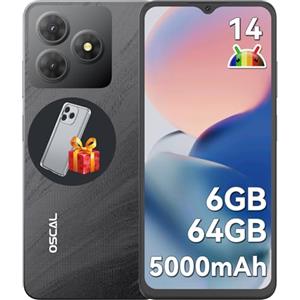 OSCAL Flat 2C Smartphone Android 14, 6GB+64GB/2TB-TF, Octa Core, 6.56" HD+ Telefono Cellulare, 5000mAh, 13MP+8MP, 4G Dual SIM Cellulari 3 Slot/Face ID/OTG/GPS/3.5mm Jack Nero