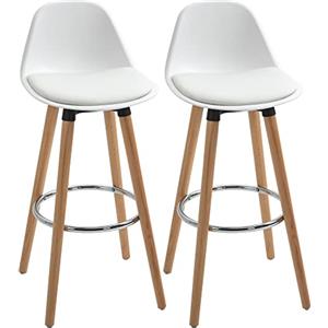 HOMCOM Set di 2 Sgabelli da Bar Stile Nordico con Schienale, Coppia di Sgabelli Alti con Cuscino e Poggiapiedi, in Legno e Plastica, Bianco