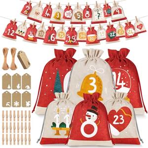 Dwelilin Calendario Avvento Fai da Te 2025, 2 Taglie Calendario Dell'avvento Sacchetti Calendario Avvento da Riempire per Bambini Donna Uomo, Calendario Avvento Vuoto Natale con Numeri, Clip, Corda di Canapa