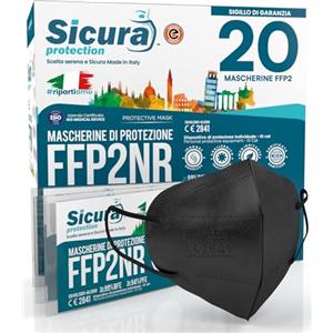 SICURA MASCHERINE CHIRURGICHE 20 Mascherine FFP2 Certificate CE Nere Made in Italy SICURA Protection BFE ≥99% Mascherina ffp2 Vera Marcatura EFFETTO PULITO e sigillata