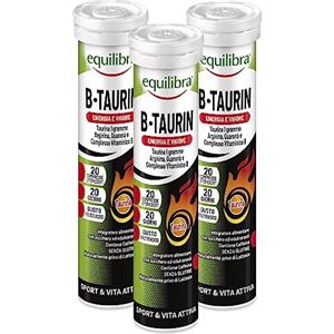 Equilibra Integratori Alimentari, B-Taurin, Integratore per Energia Istantanea, Stimola il Metabolismo, con Taurina, Arginina, Guaranà e Vitamine del Gruppo B, 3 Pezzi da 20 Compresse Effervescenti
