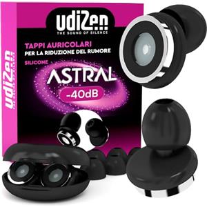 Udivita Tappi per Orecchie Antirumore per Viaggiare Dormire Studiare Insonorizzanti UdiZen -40dB Astral - 1 Paio Inserti Auricolari Ergonomici Riutilizzabili Riduzione Rumore SNR 40dB Colore Nero con Custodia