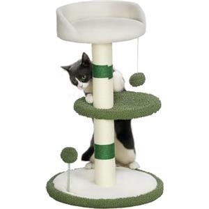 PawHut Albero Tiragraffi con Lettino per Gatti, 2 Palline, Piattaforma e Palo in Sisal, Palestra per Gatti con Rivestimento in Chenille e Peluche, Verde e Bianco