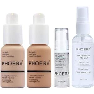 Glamza Phoera - Set da trucco a copertura completa, include fondotinta opaco da 30 ml, primer viso da 6 ml e spray da 50 ml per finitura opaca senza lucentezza