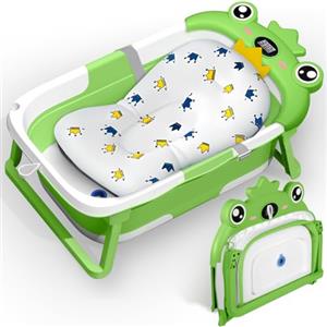 TEBOKHAD Vaschetta Bagnetto Neonato Pieghevole, Bagnetto Neonato Con Cuscino Da Bagnom, Vasca Neonato Bagnetto Con Termometro E Foro Di Scarico, Regalo per La Nascita Bambino(Verde B)