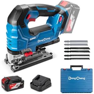 Dong Cheng Seghetto Alternativo 18V Senza Spazzole | Pendolo 800-3500 SPM | Taglio 0-45° | 6 Velocità | Con Doppio LED, Soffiatore, Batteria 4Ah, Caricabatteria, 6 Lame & Valigetta