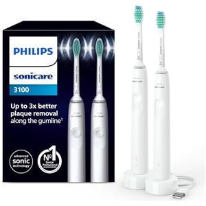 Philips Sonicare 3100 spazzolino elettrico sonico, sensore di pressione e timer, colore bianco, confezione doppia, modello HX3675/13, Sonicare 3100, Bianco/Bianco