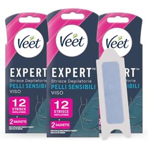 Veet Expert Strisce Depilatorie Viso, Ceretta per Pelli Sensibili con Olio di Mandorla, Dermatologicamente Testate, 3 confezioni da 6x2 strisce + 6 Salviette Post-Epilazione con Olio D'Argan
