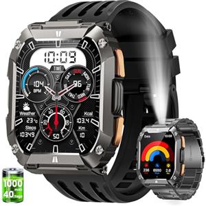BANLVS Smartwatch Uomo Militare con Torcia LED/1000mAh, 2.01" AMOLED Smartwatch con Chiamate, 113 Modalità Sportive, 5 ATM Impermeabile Orologio Fitness, Cardiofrequenzimetro/Sonno/SpO2 Android iOS