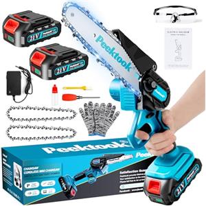 Peektook Mini Motosega a Batteria per Potatura, 1000W Motore Brushless 6 Pollici Motosega Elettrica con 4000mAh Batterie di grandi capacità, 2 Catene e Blocco di sicurezza per il Taglio Del Legno e Giardini