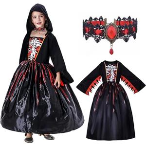 KTWSUEF Costume Vampira Bambina,Vestito Vampira Bambina con Collana,Gotico Dracula Medievale Costume Vampiro Bambino per Halloween Carnevale Cosplay