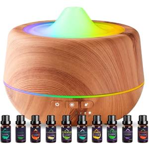 INXDOLHOM Set di 10 oli essenziali, diffusore per aromaterapia ad ultrasuoni da 500 ml, bruciatore di oli essenziali con funzione di spegnimento automatico della luce LED a 7 colori - Giallo