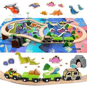 Joellfuner Set di 80 Pezzi Binari Trenino Legno con Dinosauri, Aerei e Treni in Legno, Giocattoli Treno Elettrico Compatibile con le Principali Marche, Regali di Compleanno e di Natale per Bambini