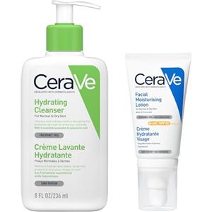 CeraVe Set detergente idratante + lozione idratante viso AM SPF50, detergente delicato per il viso e idratante quotidiano con ceramidi e acido ialuronico, 236 ml + 52 ml