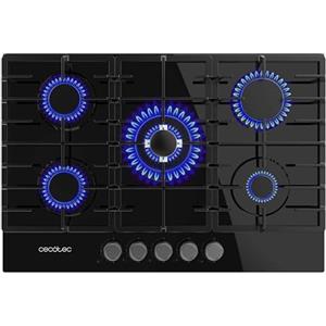 Cecotec Piano Cottura Gas Butano e Naturale 5 Fuochi Bolero Squad G 5200F Glass Black. 11000W, Vetro Nero, Griglie Complete Ghisa, WOK Tripla Corona, Accensione Elettrica, Sistema Sicurezza