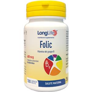 Longlife Folic 400 mcg - Integratore alimentare di acido folico per la salute materna, 100 compresse
