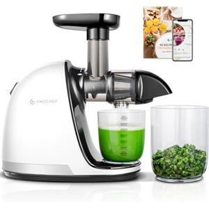 AMZCHEF Estrattore Frutta e Verdura - Estrattore a Freddo Pofessionale - Masticazione Delicata Non C'è Bisogno Di Filtrare - Estrattore Di Succo Senza BPA con Due Tazze e Pennello - Bianco
