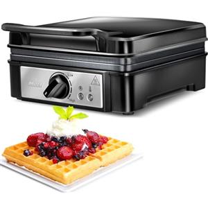 MPM MGO-24 Macchina Professionale per 2 Cialde Belghe Spesso, Waffle Maker, Piastre Antiaderenti, Regolatore di Temperatura, Nero, 1400W