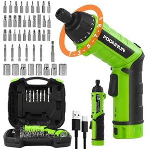 FOONNUN Avvitatore Elettrico, Avvitatore a Batteria 6 Nm, Cacciavite Elettrico a 2 Posizioni (90° a 180°), 48 Accessori, 2000mAh Li-ion 3,6V, Luci e torce a LED, 10+1 Impostazioni di Coppia