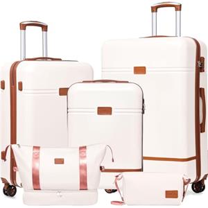 Ystyle Set 5 Valigie Rigide (57/67/77cm) in ABS+PC, Manico Telescopico e 4 Ruote Easy Roll a 360°, TSA lucchetto, Borsone da Viaggio Espandibile Palestra, Borsa da Toilette, Bianco Marrone