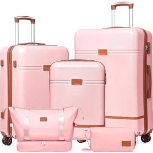 Ystyle Set 5 Valigie Rigide (57/67/77cm) in ABS+PC, Manico Telescopico e 4 Ruote Easy Roll a 360°, TSA lucchetto, Borsone da Viaggio Espandibile Palestra, Borsa da Toilette, Bianco Marrone