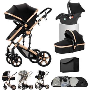 Aveainelle Passeggino trio, Passeggino 3 in 1, Navicella neonato, Sistema da viaggio e seggiolino auto, per neonati bambini 0-36 mesi (Nero Oro)