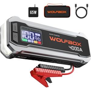 WOLFBOX Booster Avviamento Auto, 4000A Avviatore Emergenza per auto/moto(10L Benzina o 10L Diesel), Starter Batteria auto Portatile con Booster Torcia a LED