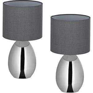 Relaxdays Lampada da Tavolo, Set 2 Abat Jour in Tessuto e Acciaio, E14, HxD: 33,5x18 cm, Luce Comodino da Letto, Argento