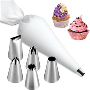 Waymaytecy Set di 6 sac a Poche in Silicone Riutilizzabile, Beccucci per sac a Poche, 1 sac a Poche Lavabile da 40 cm Viene con 5 Diversi Ugelli in Acciaio Inossidabile, per Torte, Cupcakes, Biscotti