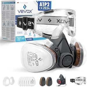 VEVOX® Maschera respiratoria con filtro A1P2 - Protezione da gas, vapori e polveri sottili - Ideale per verniciatura, levigatura e lavori edili - Con 6 filtri P2 antiparticolato e 2 A1 antigas