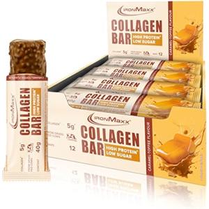 IronMaxx Collagen Protein Bar - Barretta 40g Caramello Toffee 12 pz. - Barretta proteica a basso contenuto di zucchero con collagene tipo 1, 2 e 3, 5g per barretta, da manzo alimentato ad erba.