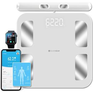 Silvergear® Bilancia Pesapersone PRO | Bilancia Impedenziometrica Bluetooth con APP | Bilancia Digitale Professionale con Grasso Corporeo, Massa Muscolare, BMI, Peso Osseo, BMR e Frequenza Ca