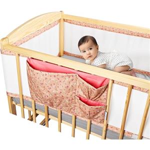 SweetComfort Paracolpi Traspirante per Lettino Neonato con Tasca Portaoggetti - Adatto ai Letti Neonato 60x120 e 70x140 cm - Colore Rosa Fiorito - Velcri Regolabili - Paracolpi Lettino Neonato